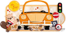 Illustration of a car with traffic lights, road signs, and a bear character on a beige background.