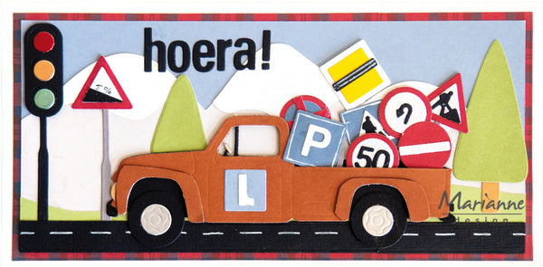 Card with a car carrying traffic signs and a traffic light, featuring the word 'hoera!' and the Marianne brand.