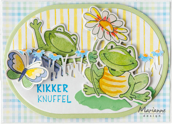 Two green frogs, a flower, and a butterfly on a striped background with 'Kikker Knuffel' text.