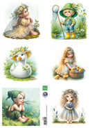 Set of six illustrated characters including a fairy, a child with fishing rod, a duck, and children playing with ducks, all in a garden setting.