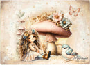Illustration of a girl with flowers, a mushroom, and a bird with 'Marianne Design' branding.