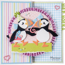 Card with penguin design and colorful text on a striped background
