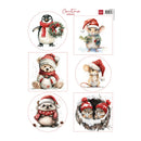 Sheet of Christmas-themed animal stickers featuring penguin, mouse, bear, hedgehog, and chipmunks with Santa hats and scarves on a white background.