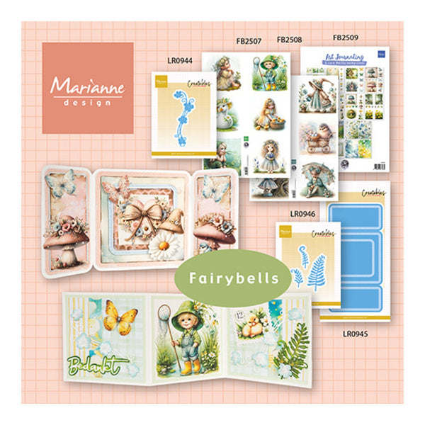 Collection of Marianne Design 'Fairybells' craft supplies on a pink grid background