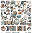 Collection of vintage-style man cave items including tools, sports equipment, and decor elements on a white background.