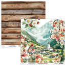 Scenic paper with mountain village and floral design, next to wooden logs.