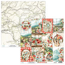 Collection of scenic and patterned paper sheets with a map and nature-themed designs.