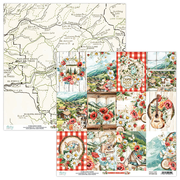 Collection of scenic and patterned paper sheets with a map and nature-themed designs.