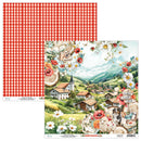 Two pieces of paper with a red checkered pattern and a scenic village design.