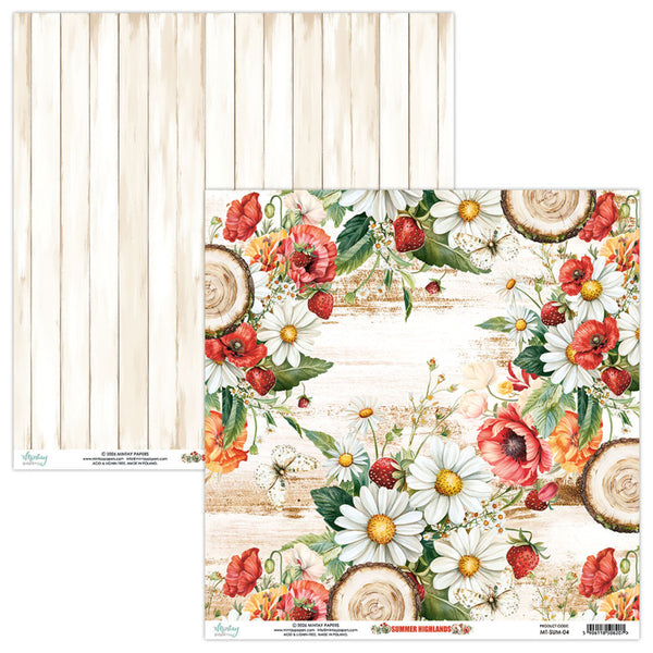 Floral and wood slice patterned paper with wooden surface background