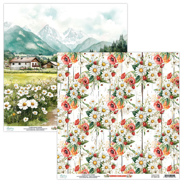Floral design paper with mountain and house background
