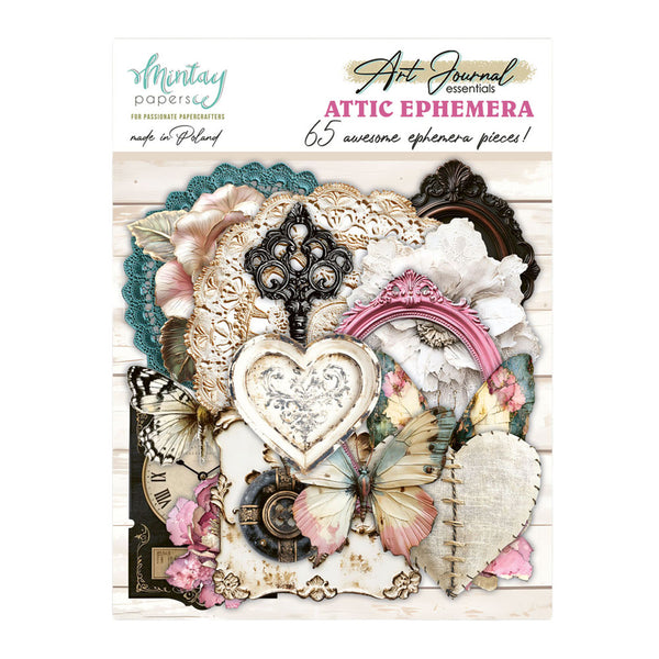 Collection of decorative elements including hearts, butterflies, and frames on a wooden background with 'Mintay Papers' branding.