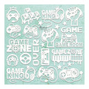 Collection of gaming-themed cutouts on a light blue background