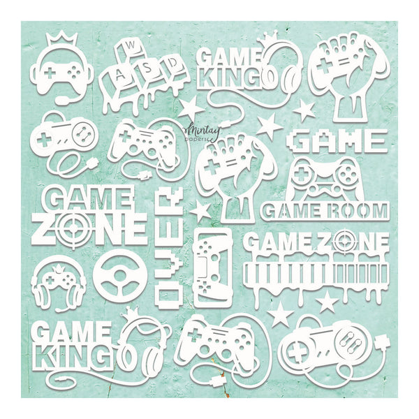 Collection of gaming-themed cutouts on a light blue background