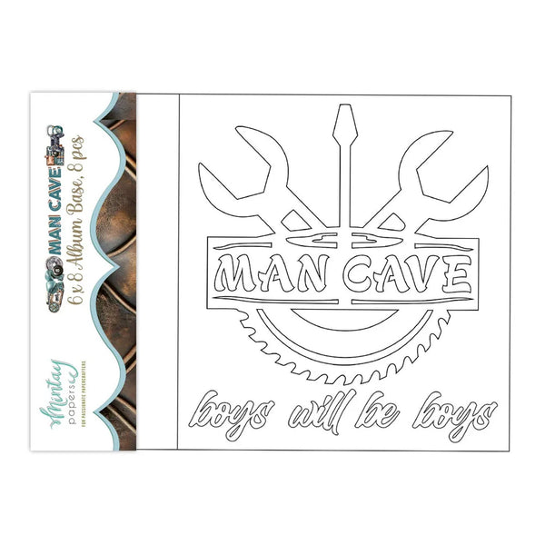 Man Cave album base with tools and text design on a white background