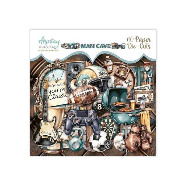 Man Cave paper die-cuts with various items on a white background
