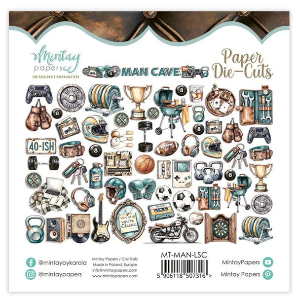 Man Cave themed paper die-cuts with various items on a branded packaging.