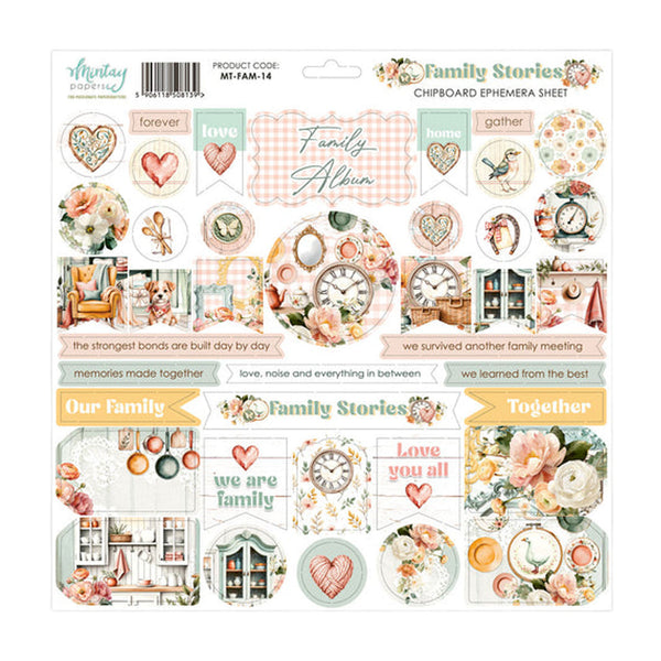 Collection of decorative stickers with family-themed designs on a white background