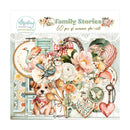 Product packaging for 'Family Stories' with decorative elements and a dog illustration.
