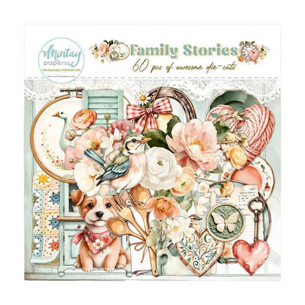 Product packaging for 'Family Stories' with decorative elements and a dog illustration.