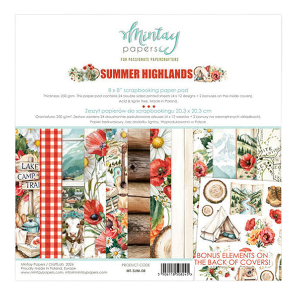 Mintay Papers Summer Highlands scrapbooking paper pad packaging with various scenic and nature-themed designs.