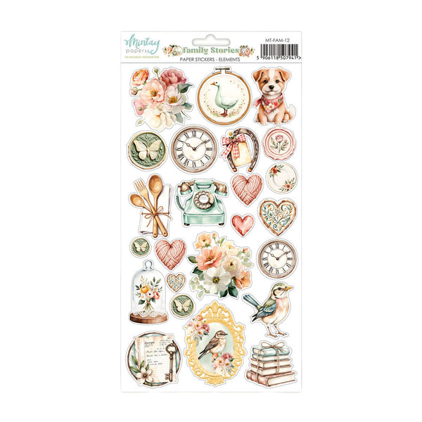 Sheet of decorative stickers with vintage-themed designs on a white background