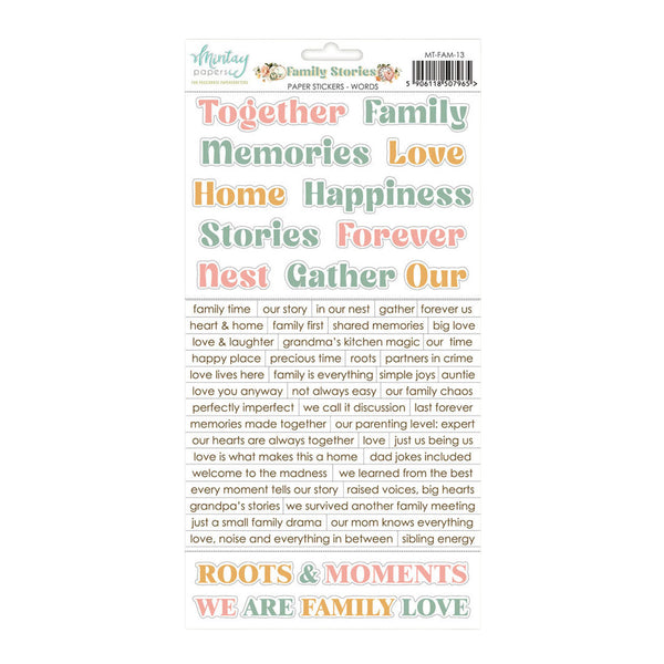 Packaging of Family Stories paper stickers with text and branding on a white background