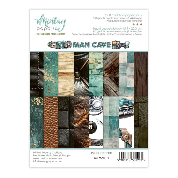 Packaging of Mintay Papers 'Man Cave' paper pack with various textures and colors.