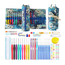 Set of crochet hooks and accessories with blue and white patterned cases on a white background