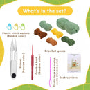 Set of crochet supplies including yarn, stitch markers, scissors, crochet hook, and instructions on a white background.