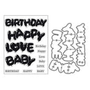 Metal die cut shapes with 'Birthday', 'Happy', 'Love', 'Baby' text on a white background
