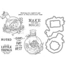 Black and white illustration of a bottle with a house inside, surrounded by text and decorative elements on a white background.