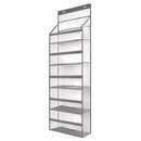 Clear display rack with multiple shelves on a white background