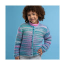Child wearing a colorful striped crochet cardigan against a blue background