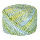 Multicolored yarn ball with green, blue, and yellow hues on a white background