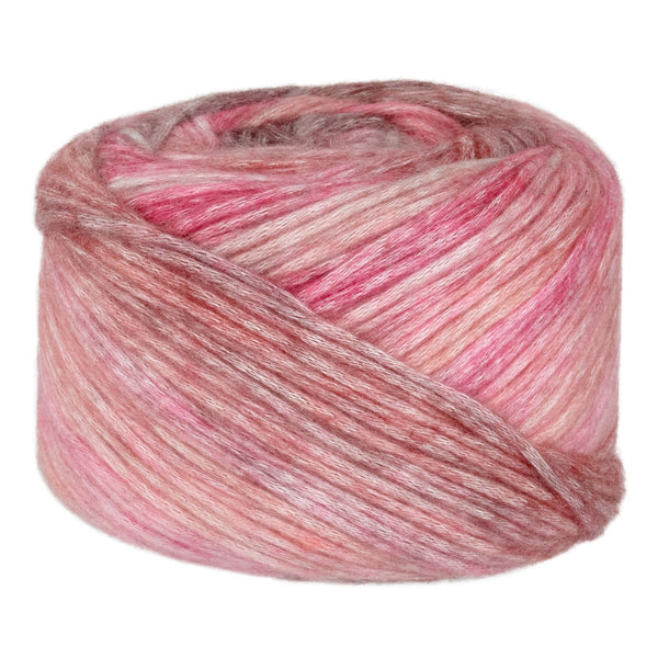 Ball of pink and gray yarn on a white background