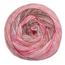 Ball of pink and gray yarn on a white background