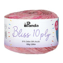 Pink yarn ball with Panda brand label on a white background