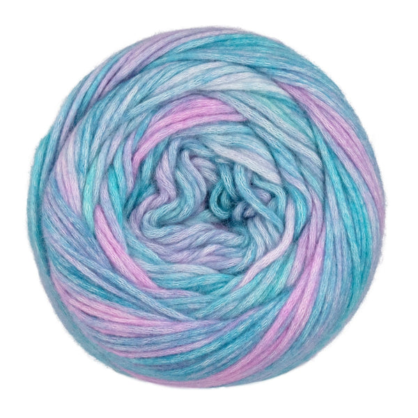 Multicolored yarn ball with shades of blue and pink on a white background