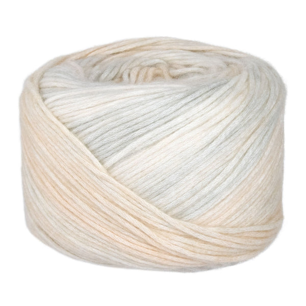 Ball of yarn with beige and white colors on a white background