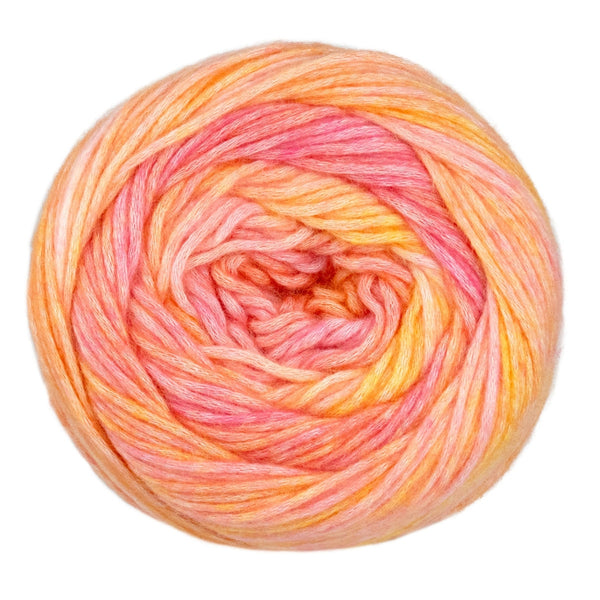 Ball of yarn with pink and orange gradient on a white background