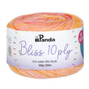 Ball of yarn with Panda brand label on a white background