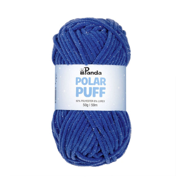 Blue yarn ball with Panda brand label on a white background