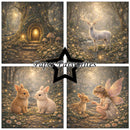 Collage of four enchanting forest scenes featuring a fairy, deer, rabbits, and a fairy with a deer.