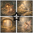 Collage of four enchanting forest scenes with rabbits, mushrooms, a stone archway, and a fairy, featuring 'Paper Favourites' branding.