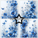 Set of four panels with blue floral designs and 'Paper Favourites' branding.