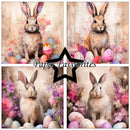 Four images of rabbits with Easter eggs and flowers, featuring 'Paper Favourites' branding.