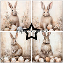 Four images of rabbits with eggs and flowers, featuring 'Paper Favourites' logo.