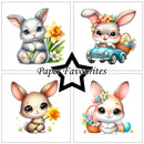 Four cute cartoon bunnies with flowers and a car, featuring 'Paper Favourites' branding.