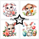 Four cute cartoon bunnies with flowers and a basket of eggs, featuring 'Paper Favourites' branding.